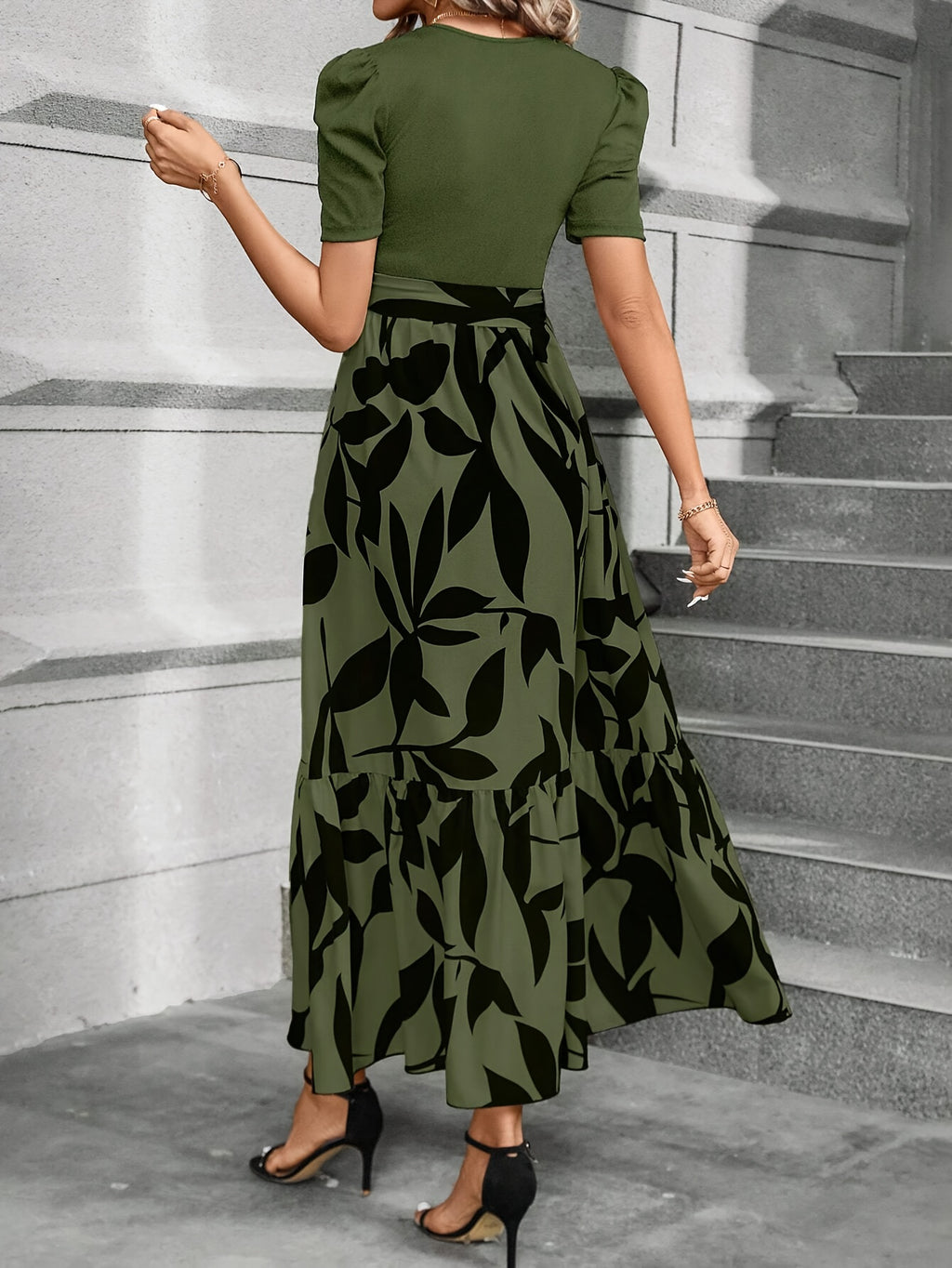Print Midi Dress with Belt Short Sleeve