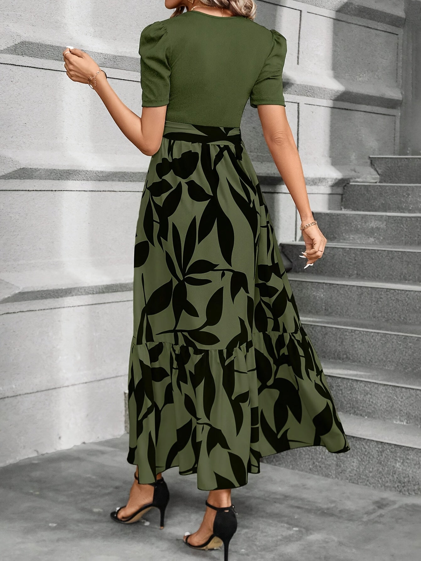 Print Midi Dress with Belt Short Sleeve