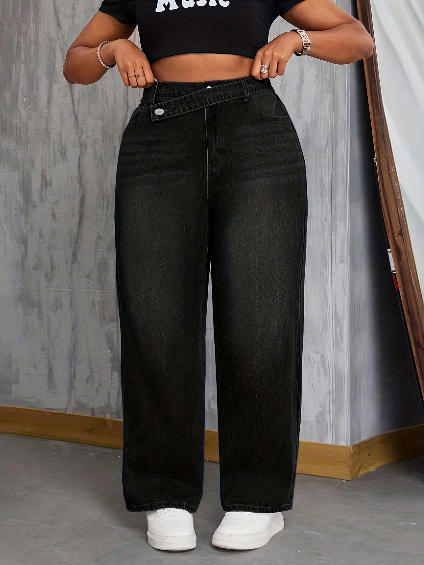 Plus Size & Oversized Jeans Pants - Wide-Leg H-Line Trousers with Beltless Waist