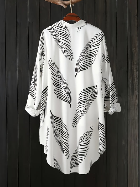 Women's Plus Size Elegant Leaf Print Button-Up Shirt with Asymmetrical Hem