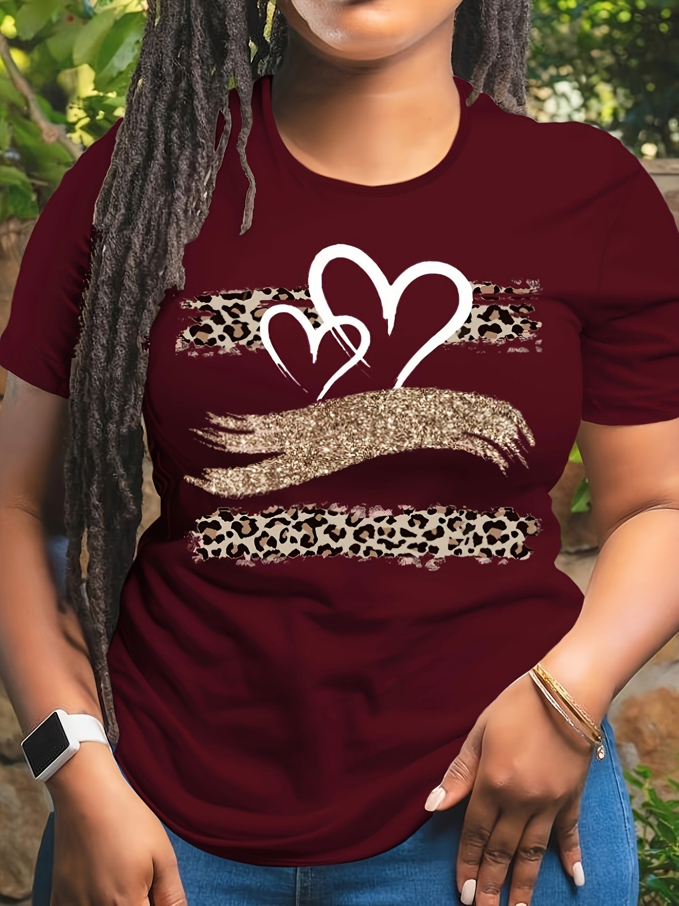 Casual Plus Size Heart Print T-Shirt for Women