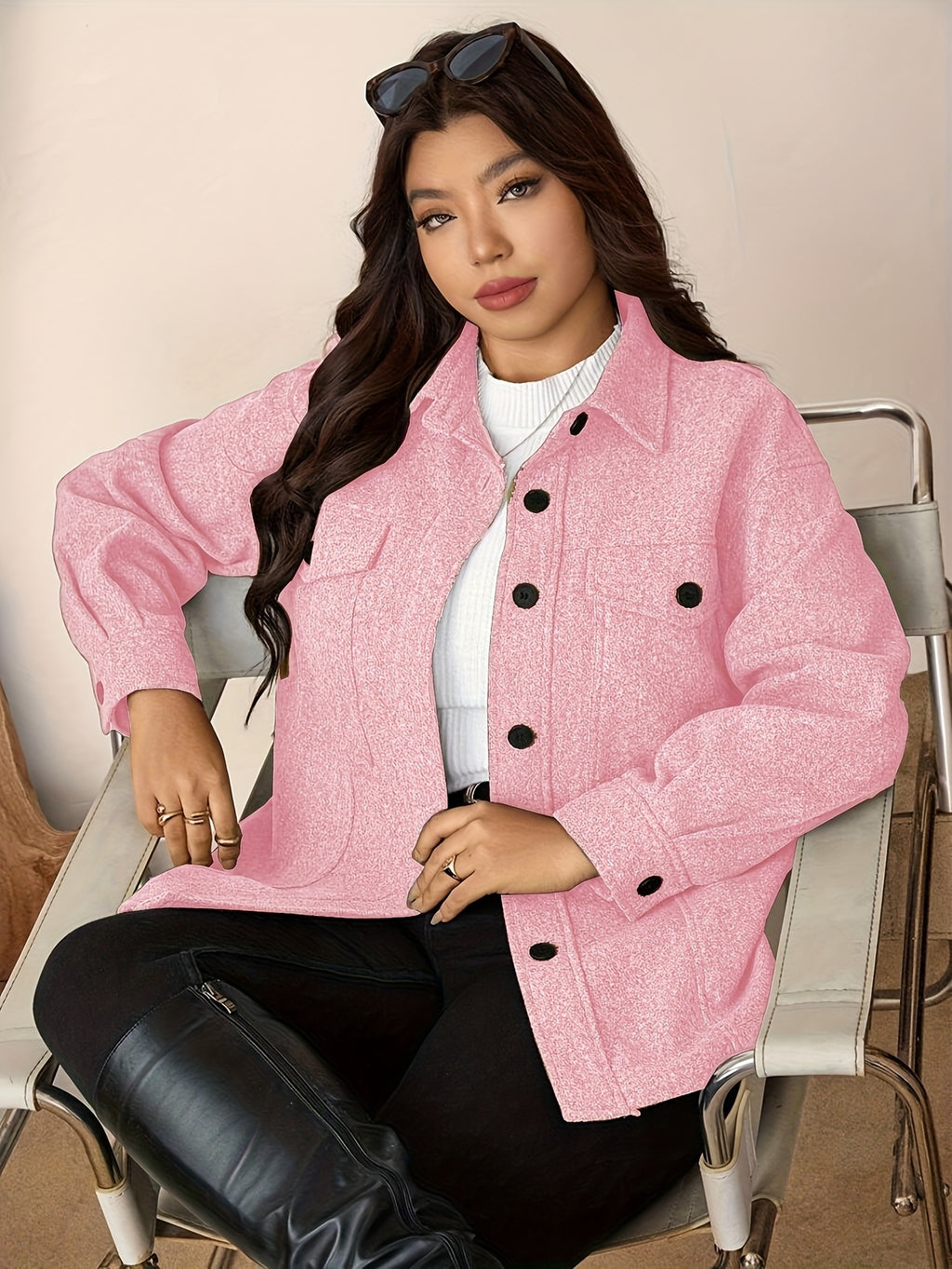 Plus Size Women's Casual Drop Shoulder Flap Pocket Shirt Mid-Weight