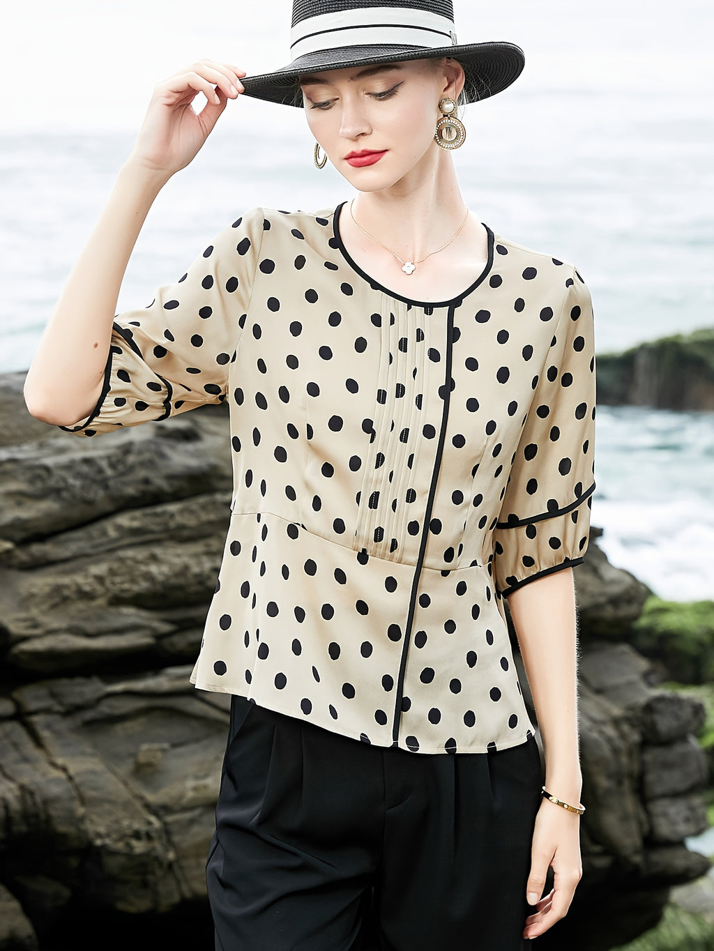 Women's Short Sleeve Blouse - Chic Polka Dot Asymmetrical Hem Round Neck Top