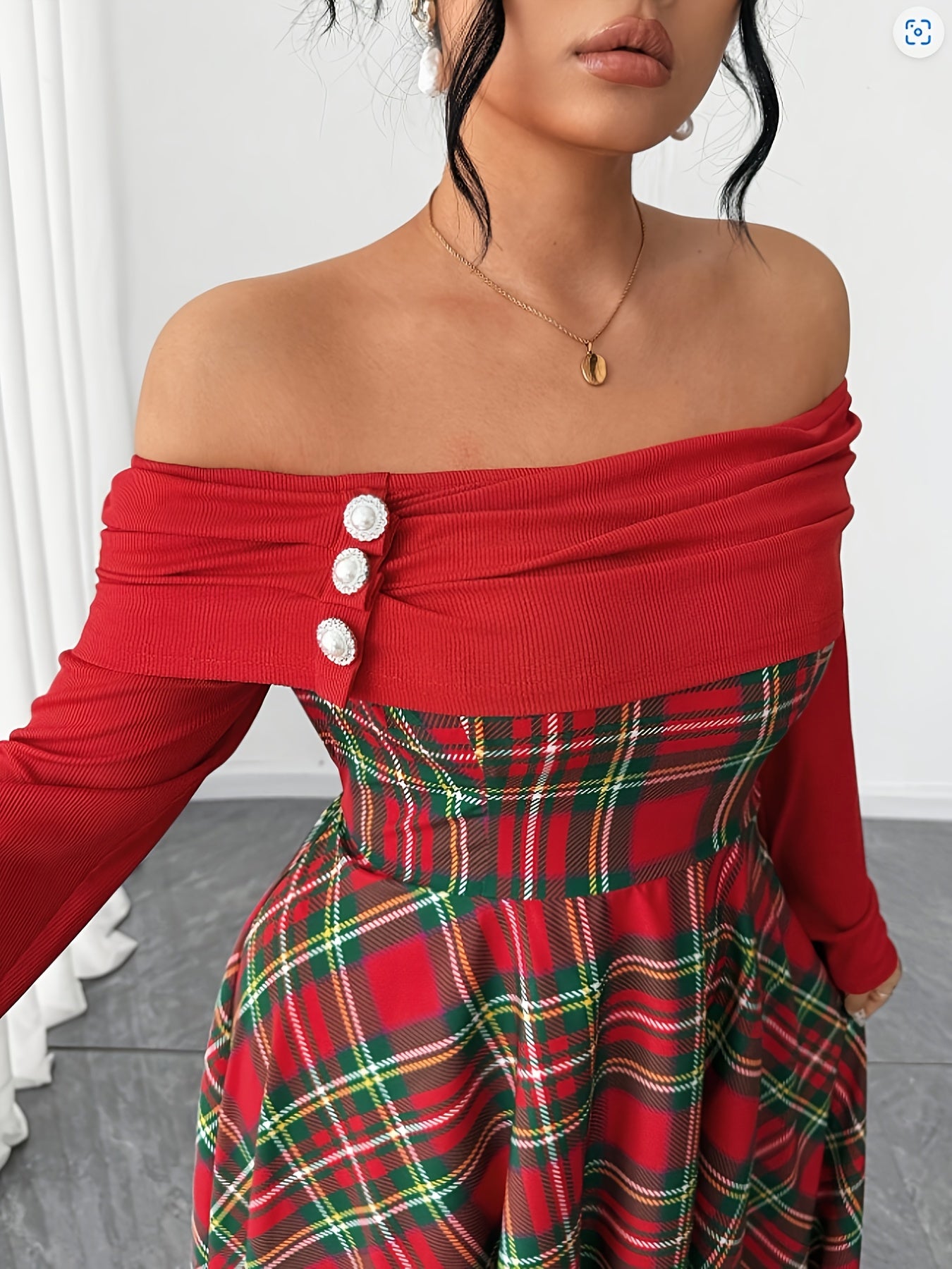 Plus Size Women's Off the Shoulder Long Sleeve Plaid Dress with Faux Pearl Buttons Suitable for Halloween, Chinese New Year, Christmas,