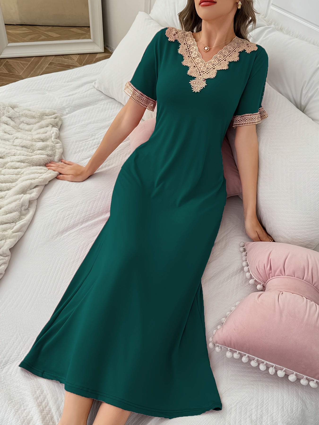 Long Contrast Lace Spliced Nightgown