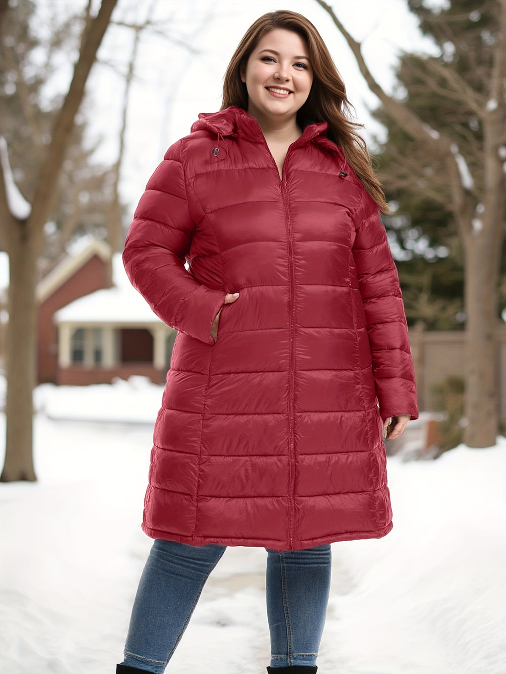 Plus Size Women's Elegant Burgundy Winter Coat with Hood - Long Jacket, Zippered Pockets & Detachable