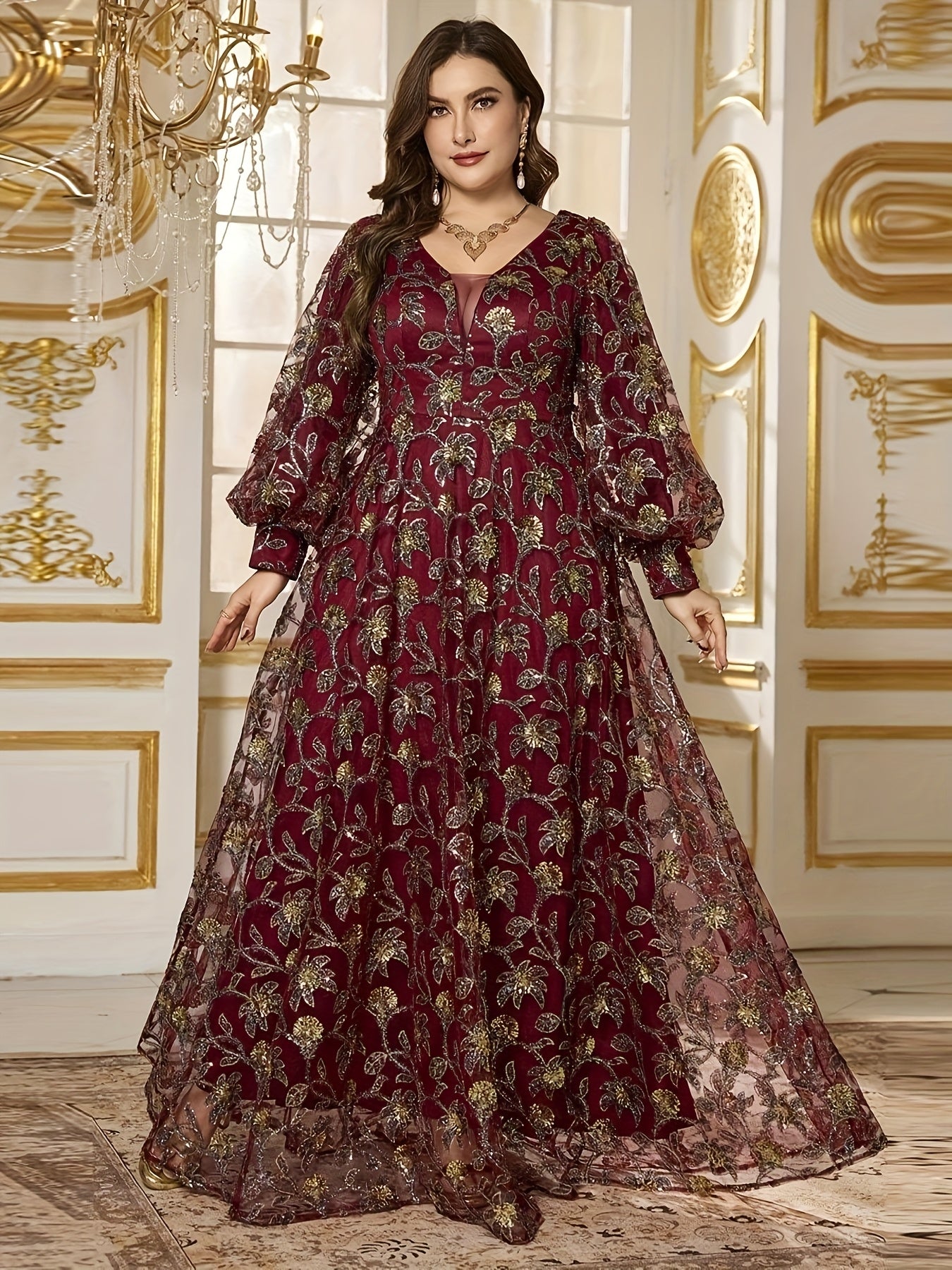 Women's Plus Size Elegant V-Neck Lantern Sleeve Maxi Dress