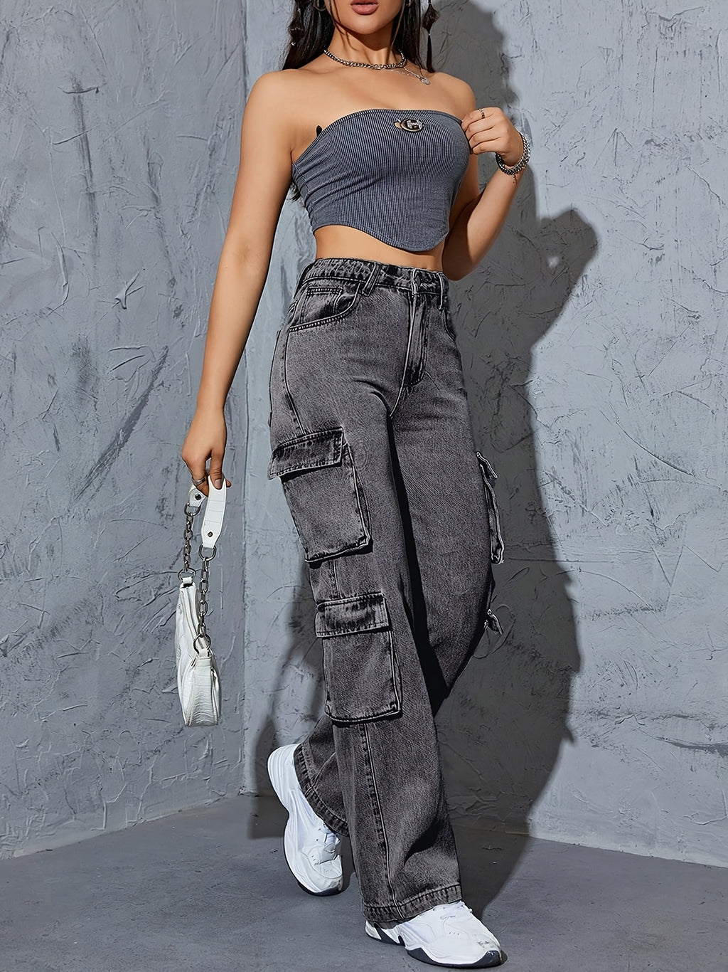Stretchy High-Waist Women's Cargo Jeans