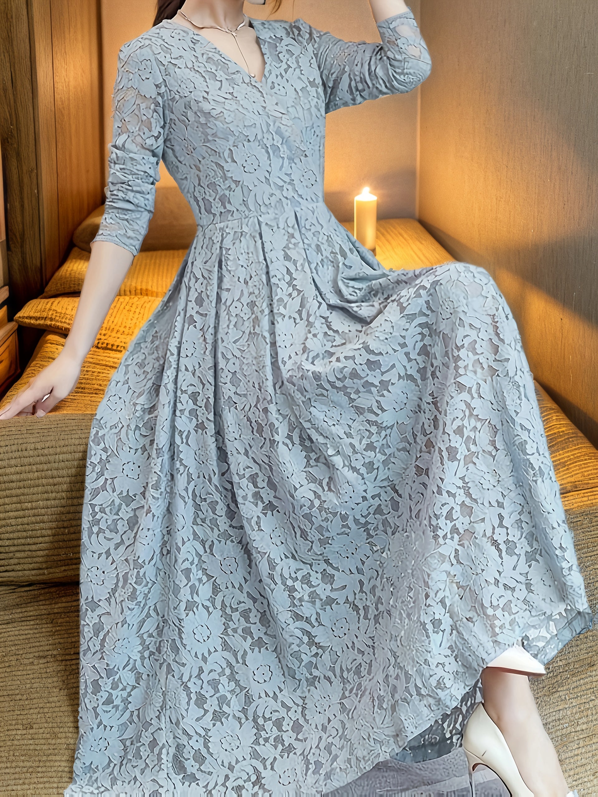 Women's Elegant Lace Panel V-Neck Dress with Zipper Back, Slim-Fit Bodice & Flowy Skirt