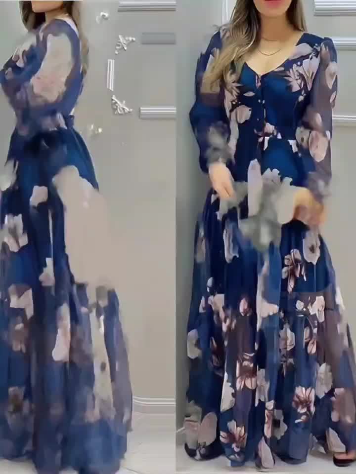 Elegant Floral Print 1pc V-Neck Maxi Dress