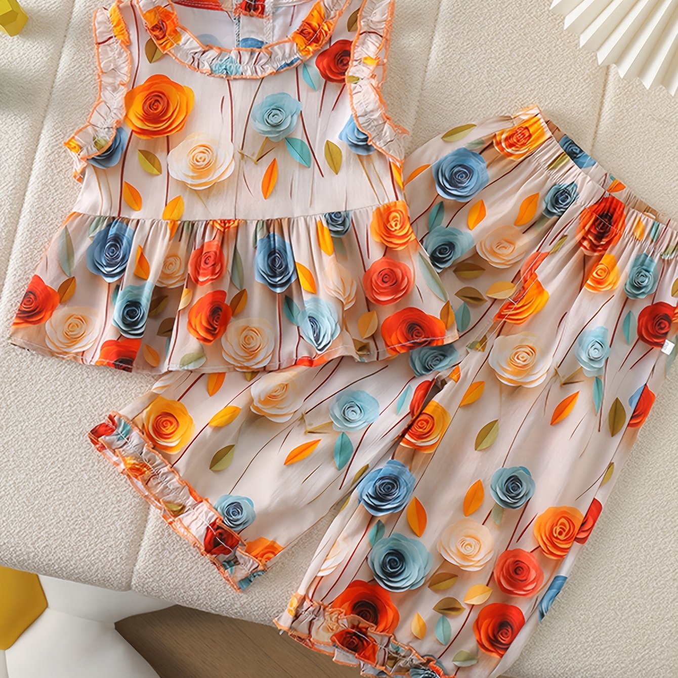Chic Floral Sleeveless Top & Wide-Leg Pants Set - Colorful Botanical Print