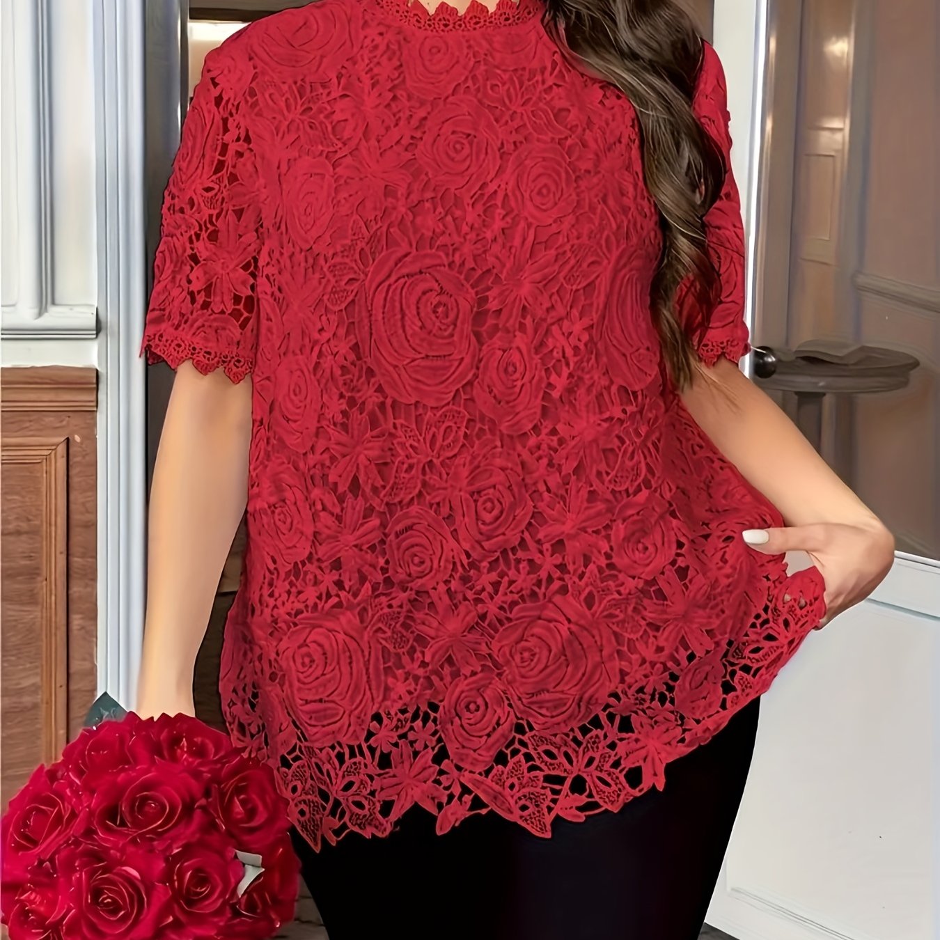 Floral Plus Size Women's Blouse, Crew Neck, Short Sleeve