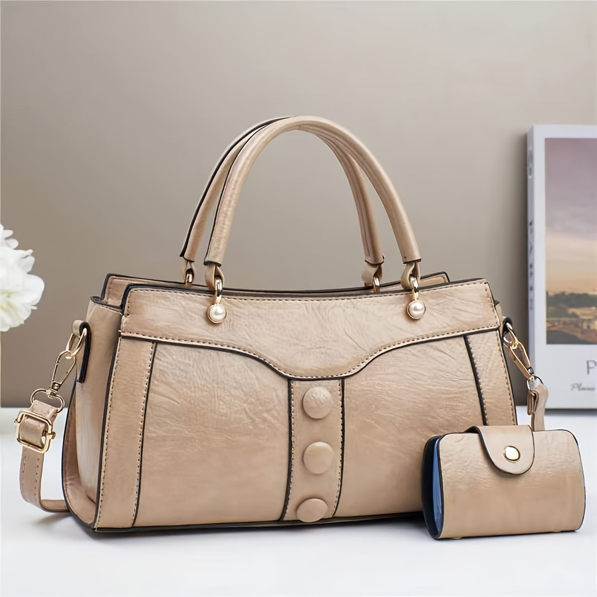 Women's Elegant Beige Synthetic Crossbody Bag with Golden-Tone