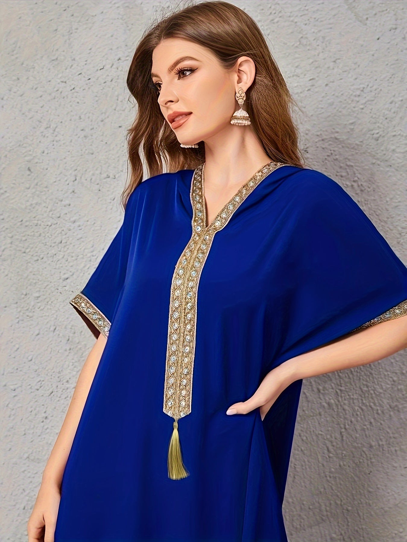 Contrast Trim V-neck Kaftan Dress, Elegant Batwing Sleeve