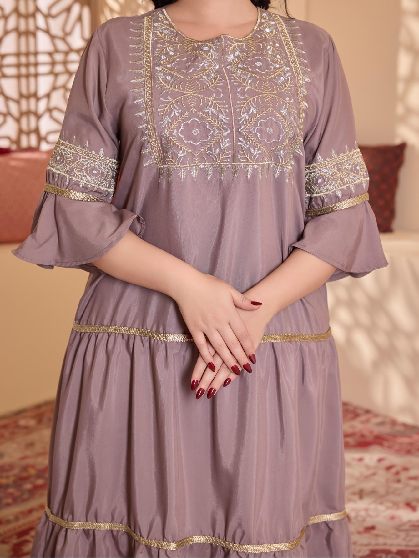 Elegant Ethnic Style Three Quarter Length Ruffle Sleeve Dress with Embroidery