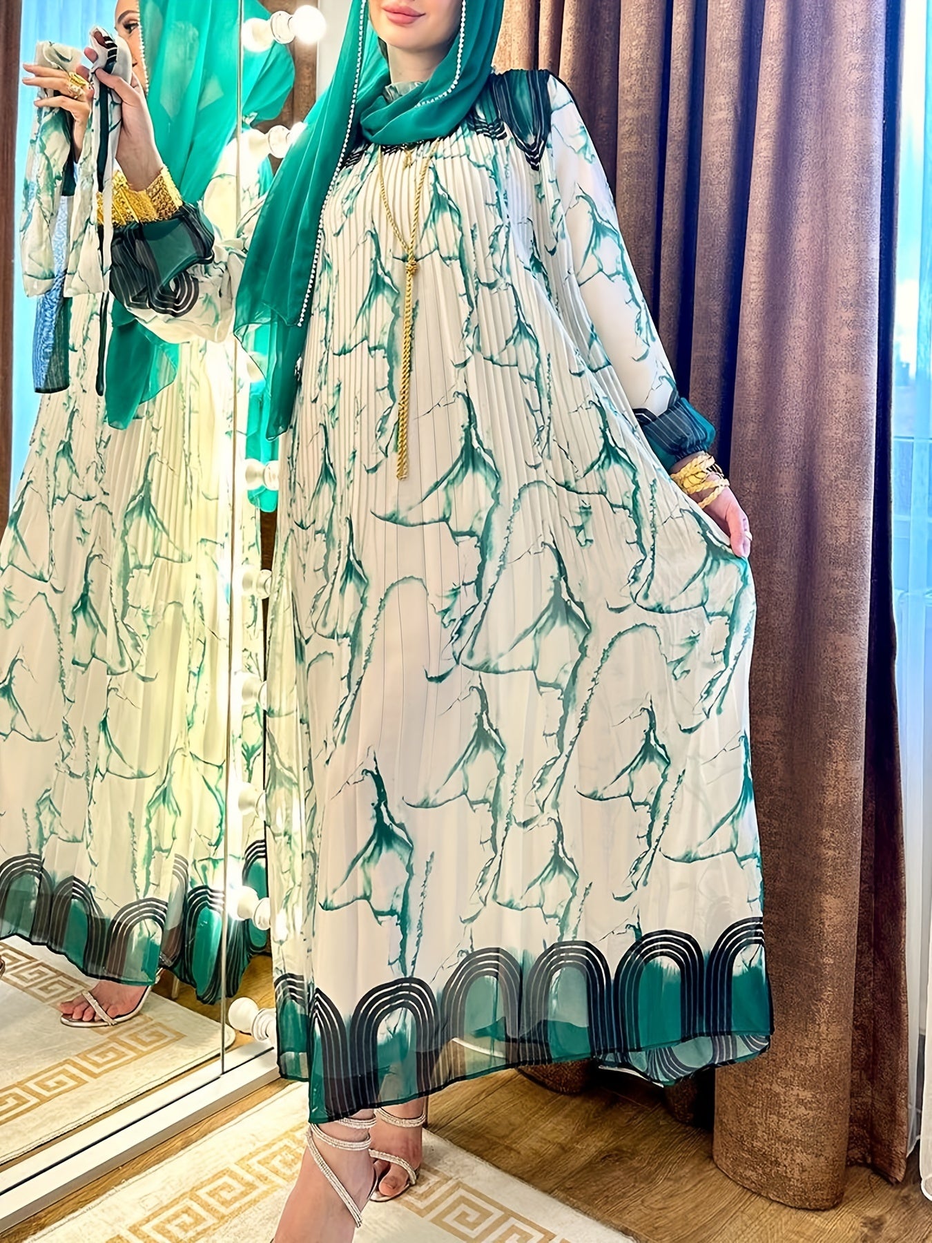 Stunning Tie Dye Print Kaftan Abaya - Elegant Long Sleeve Loose Fit Maxi Dress