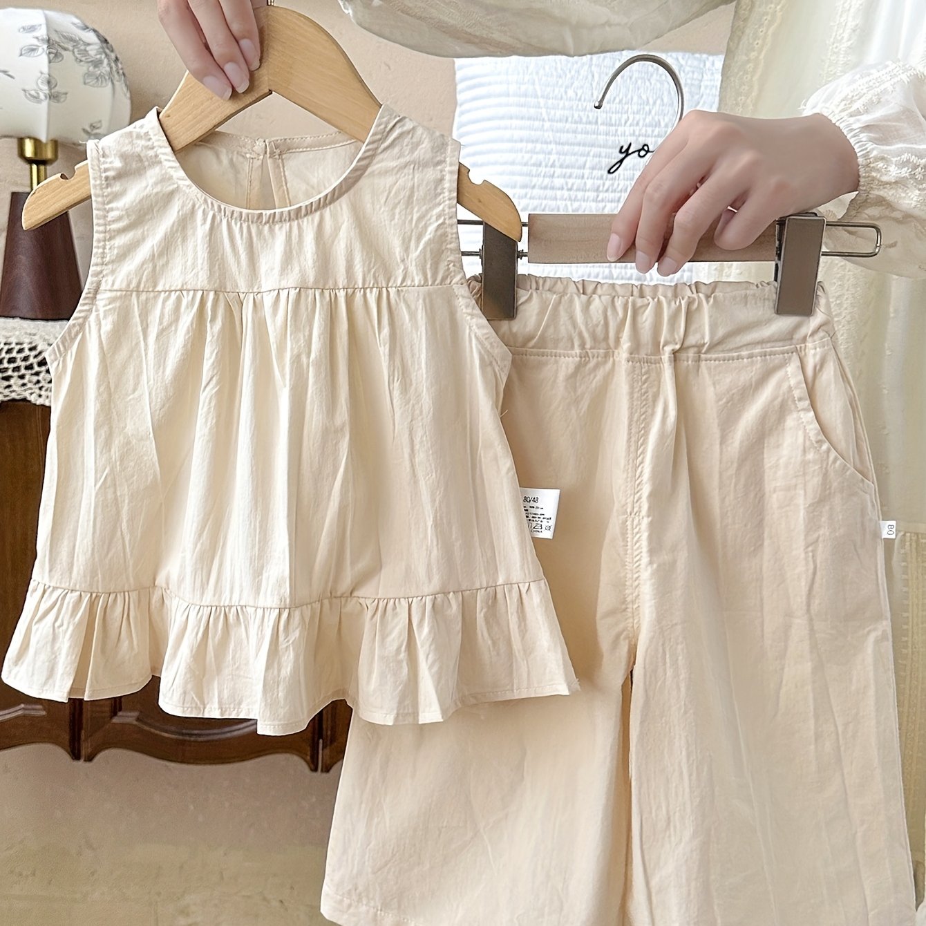 2pcs Wide Shoulder Dress and Shorts Set for Girls, Summer Lightweight Solid Color