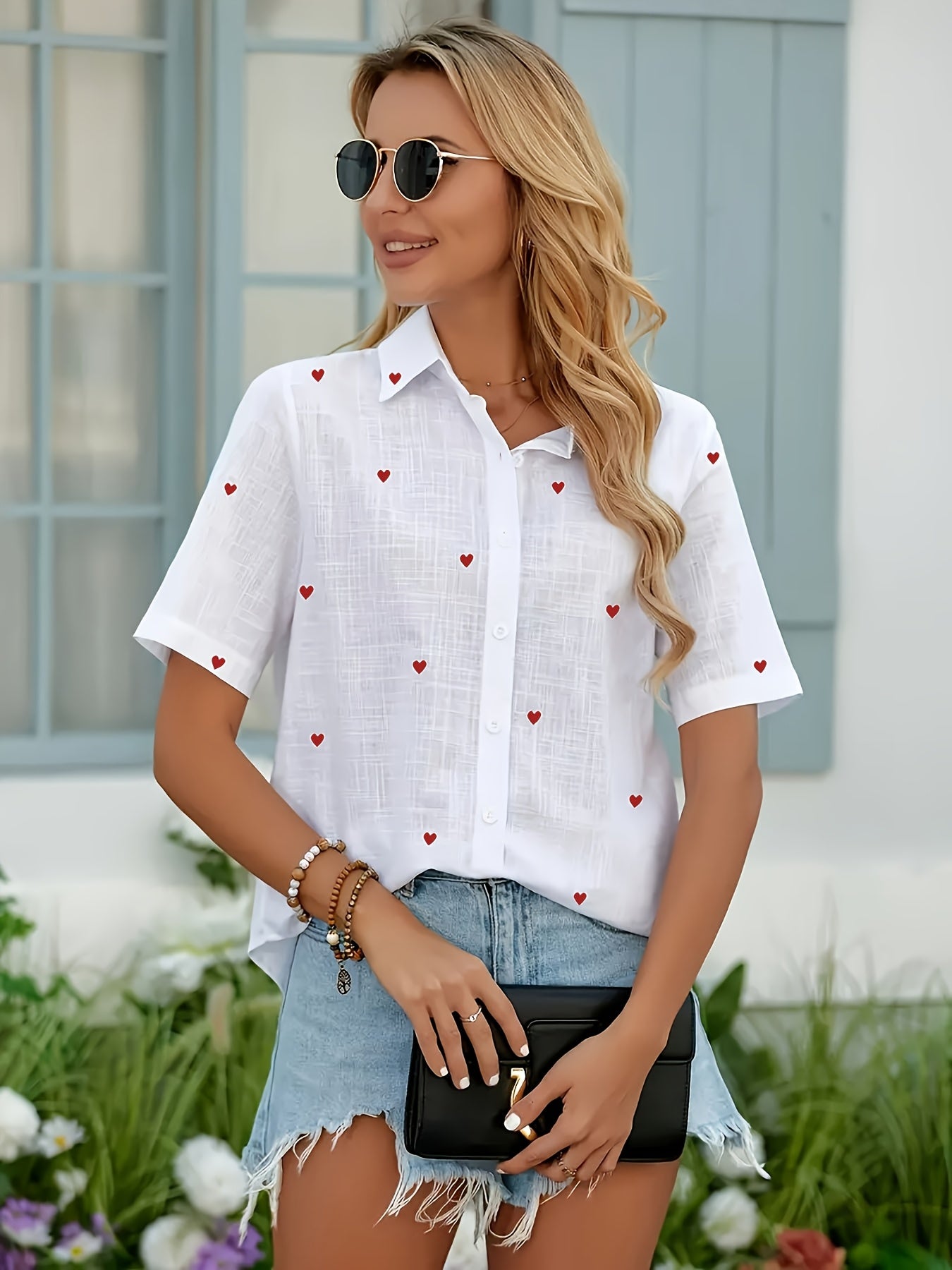 Women's Casual Short Sleeve Blouse with Heart Print & Button Collar