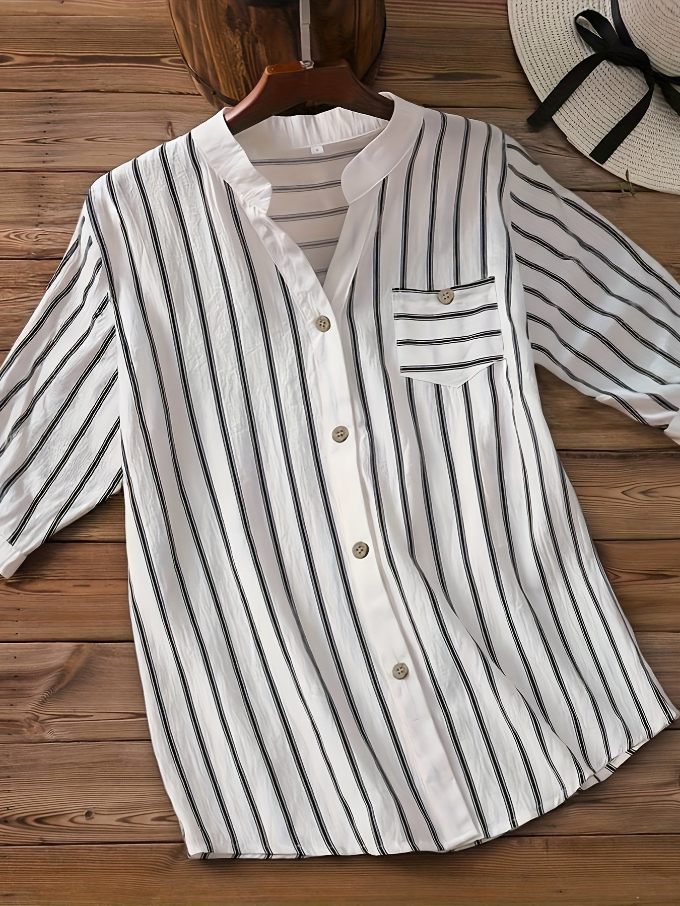 Women's Casual Business V-Neck Button-Up Shirt - Short Sleeve Striped Blouse with Chest Pocket