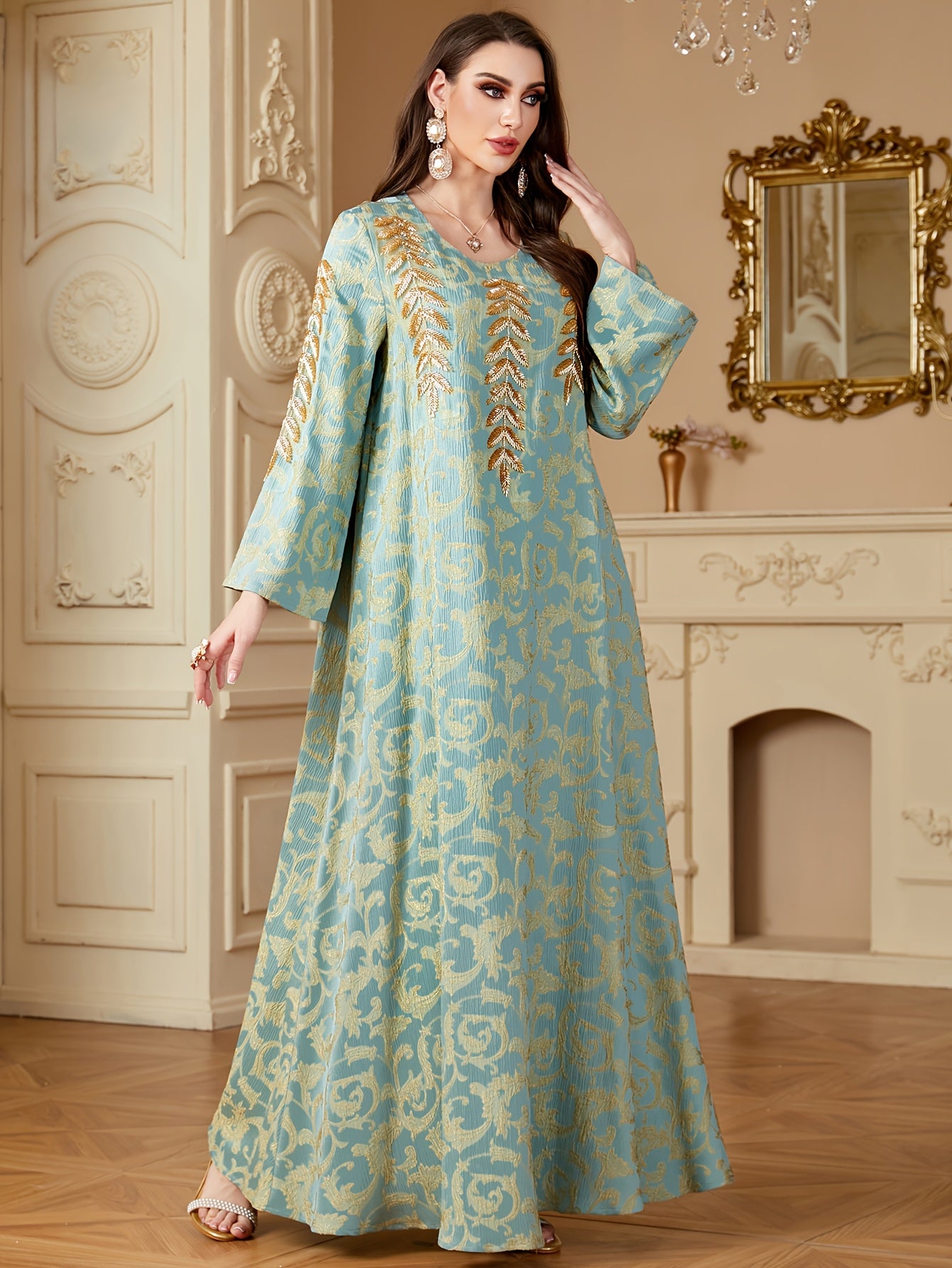 Women's Elegant Middle Eastern-Inspired A-Line Dress with Floral Appliqué