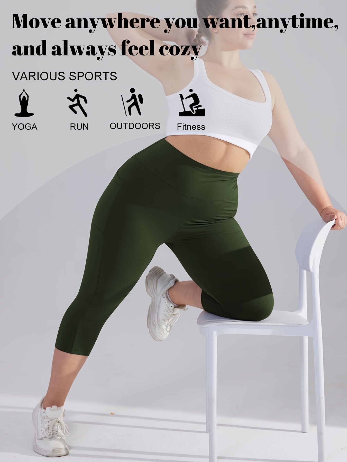 Women's Plus Size High-Waisted Capri Leggings with Side Phone Pockets