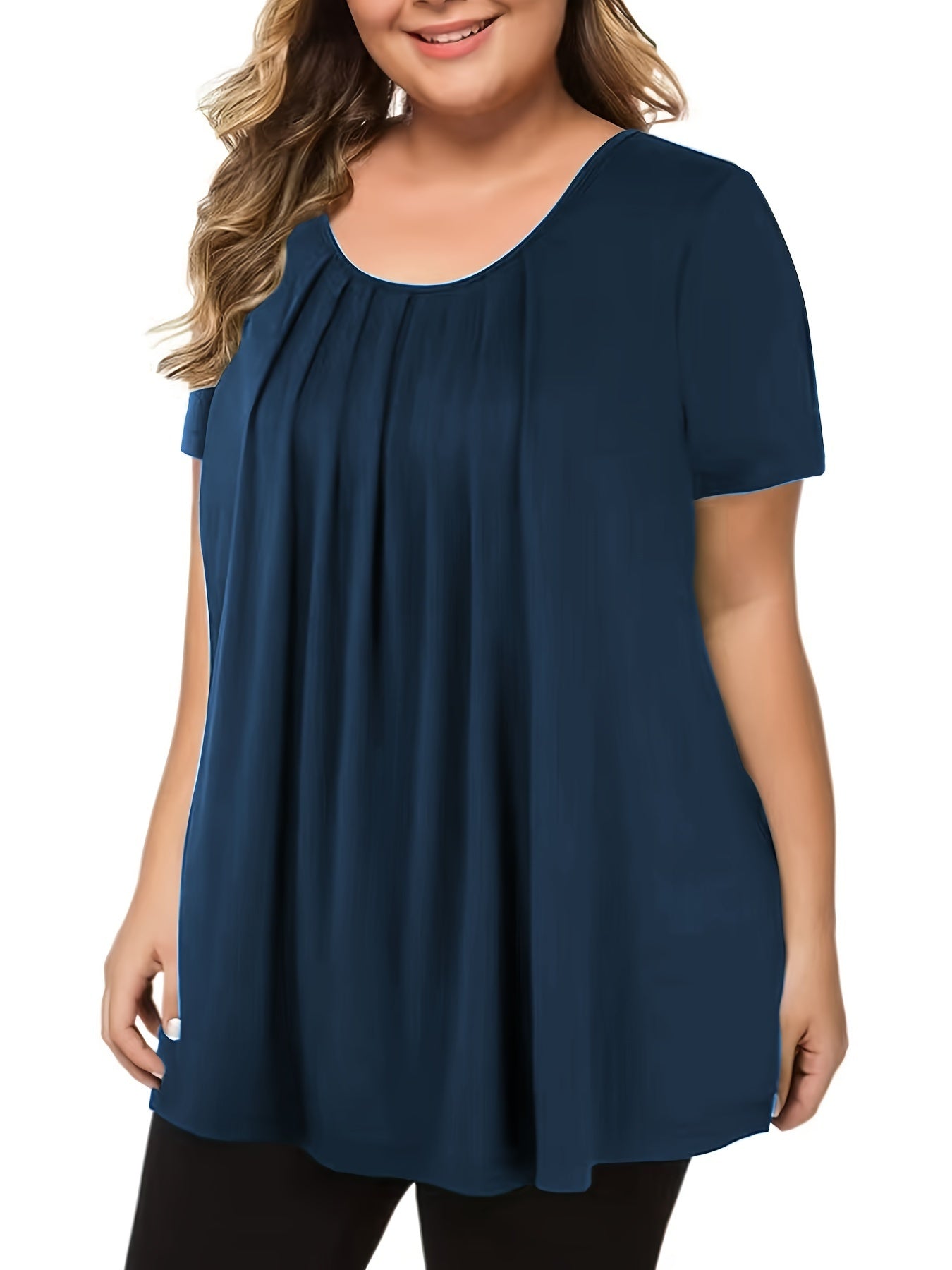 Polyester Elegant Crew Neck Ruched Bust Slight Stretch Knit Fabric Pullovers