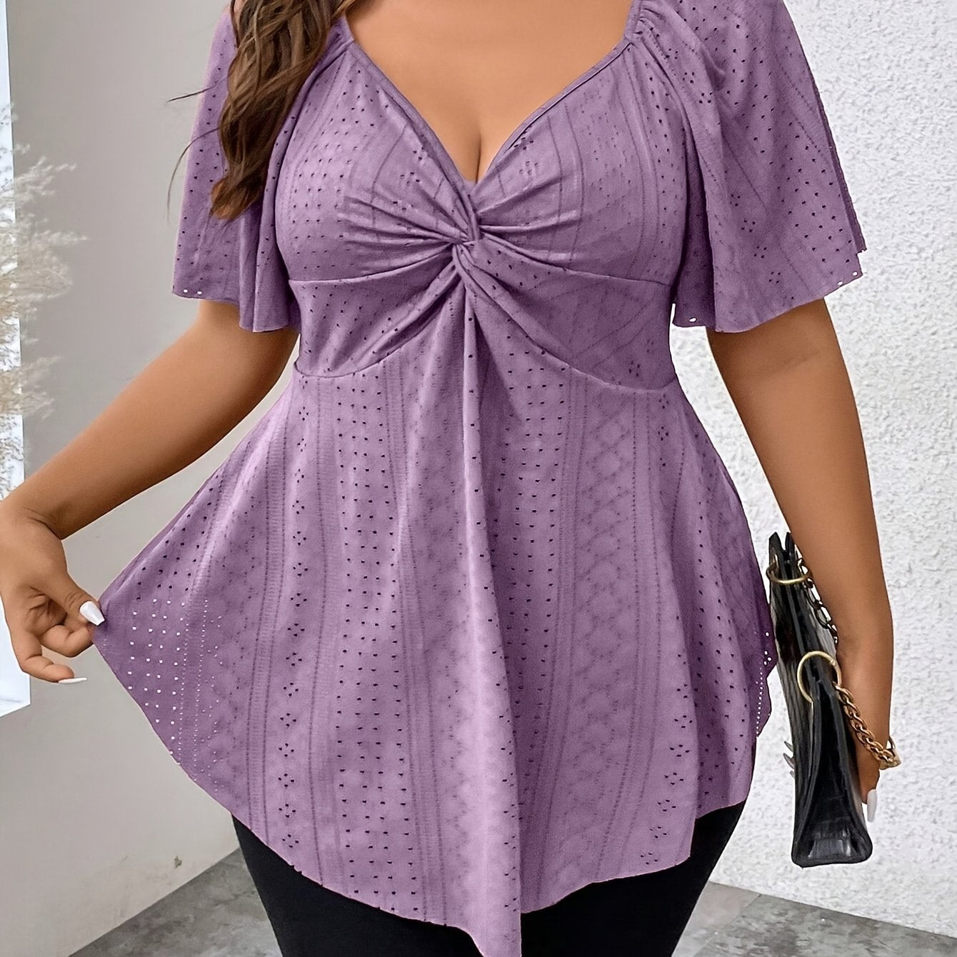 Stylish Plus Size Solid Eyelet Cutout Twist T-shirt