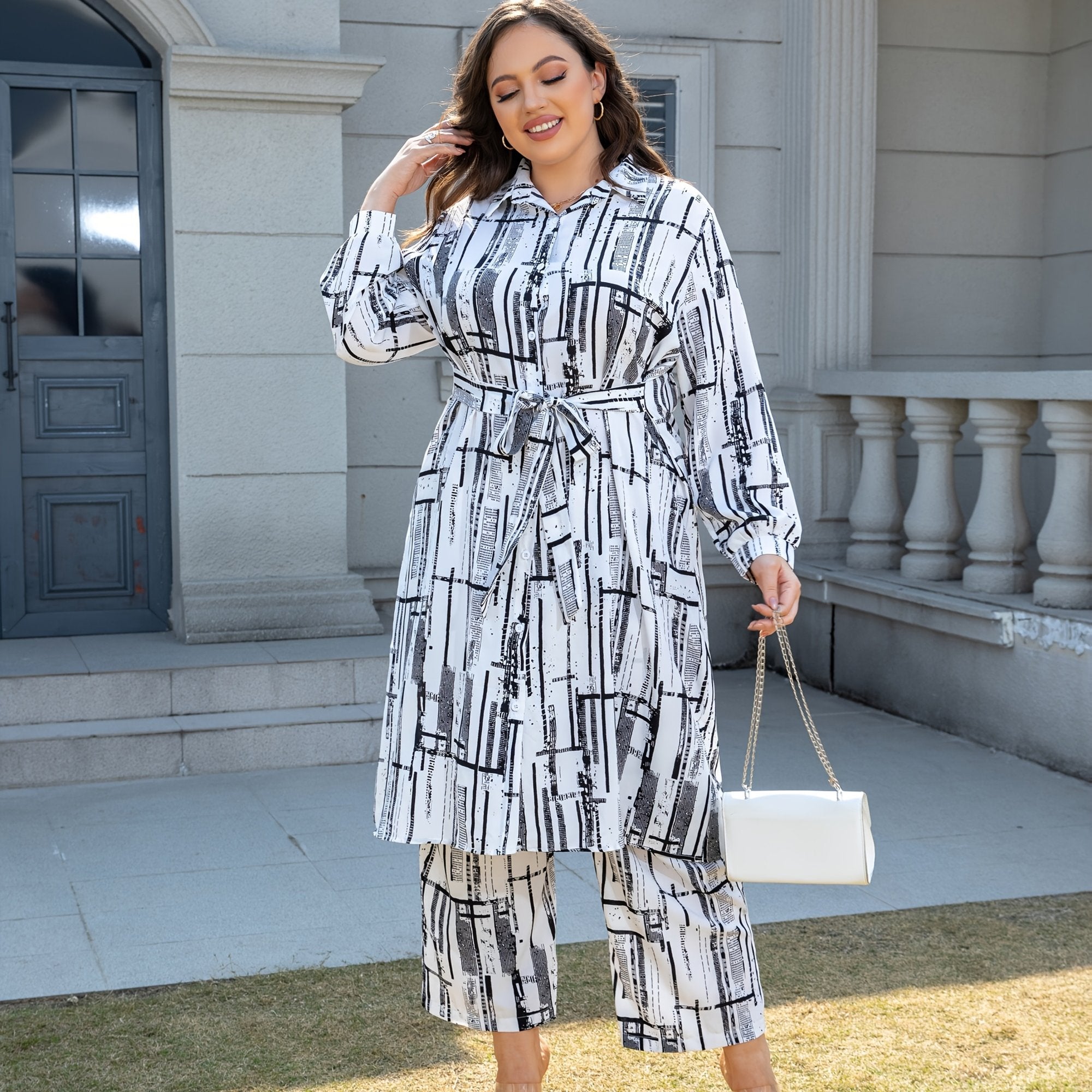 Plus Size Long Sleeve Shirt and Pants Set with Floral Print