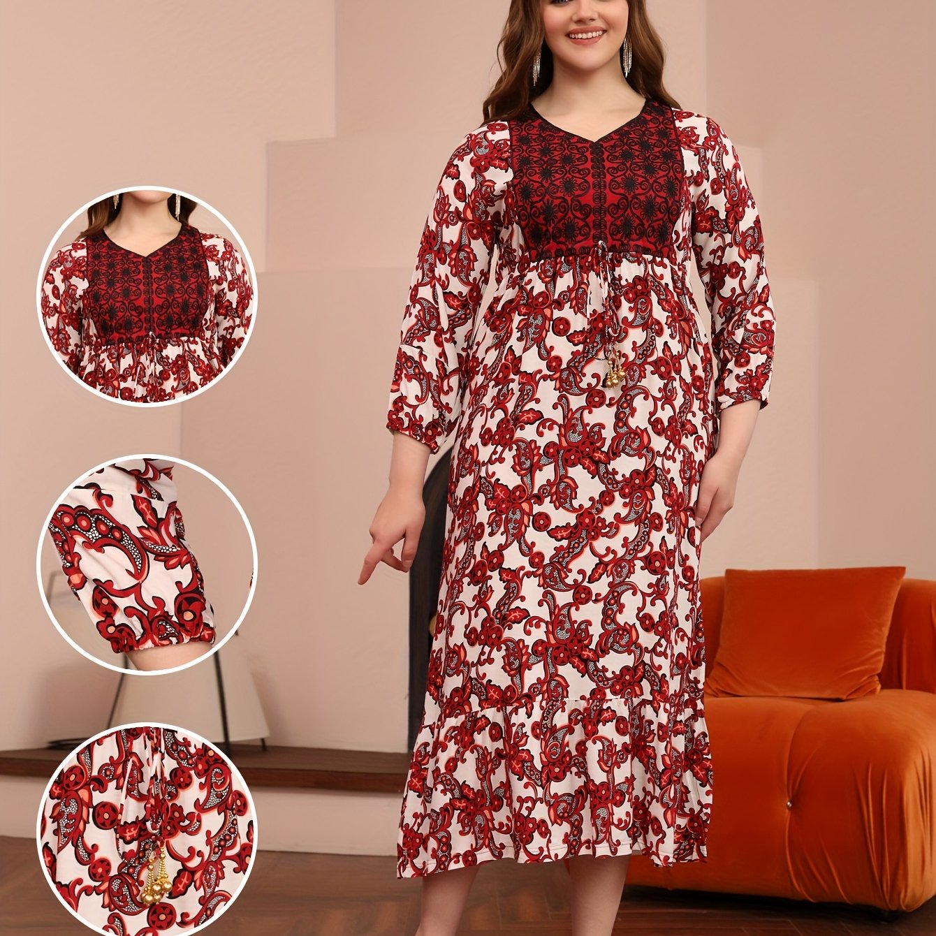 Elegant Floral Print Midi Dress with Beaded Tie-Waist and Ruffle Hem