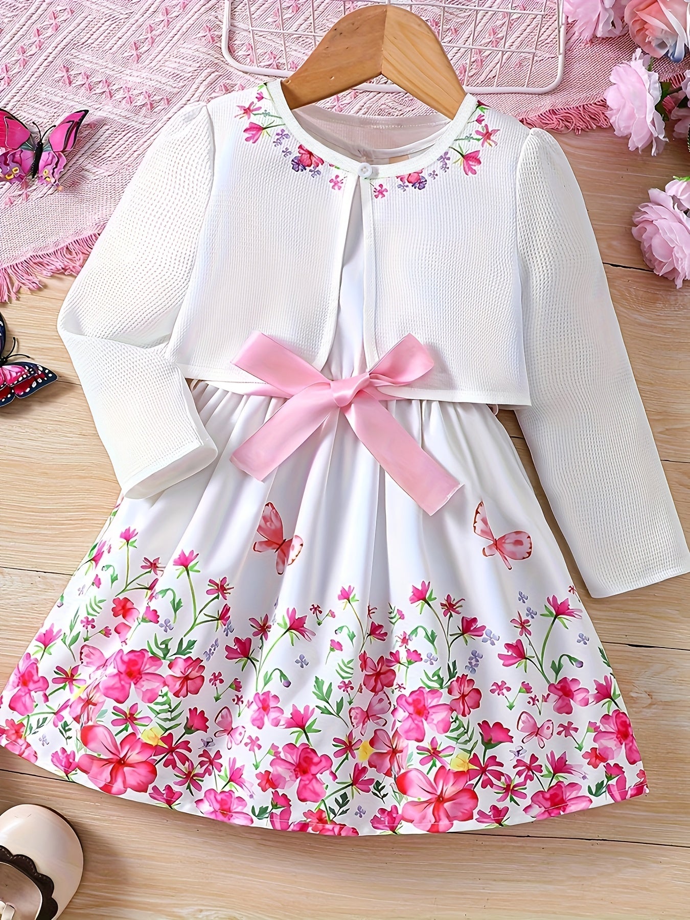 Girls' Autumn and Winter Cardigan Jacket with Vest Print Dress Set, Back-to-School Campus Fashion Outfit