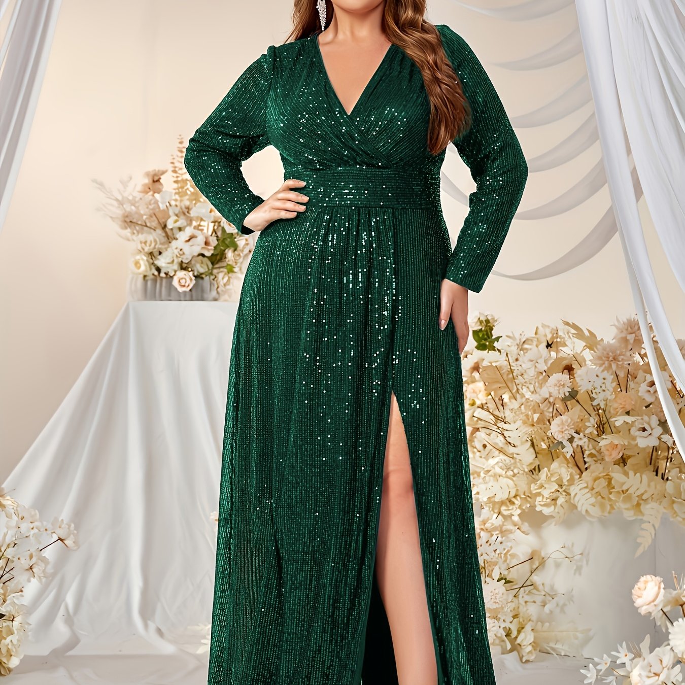 Elegant Plus Size Black Sequin V-Neck Long Sleeve Evening Gown with Side Slit
