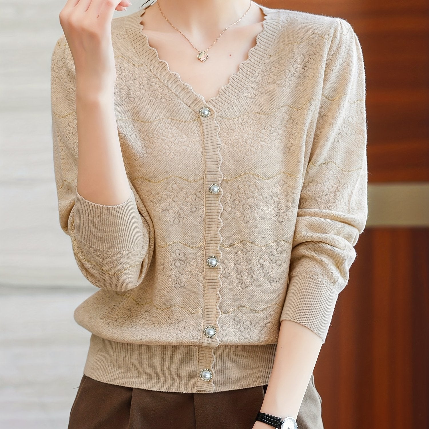 Women'S Elegant V-Neck Blouse - Lightweight Breathable Long Sleeve Shirt with Button Front
