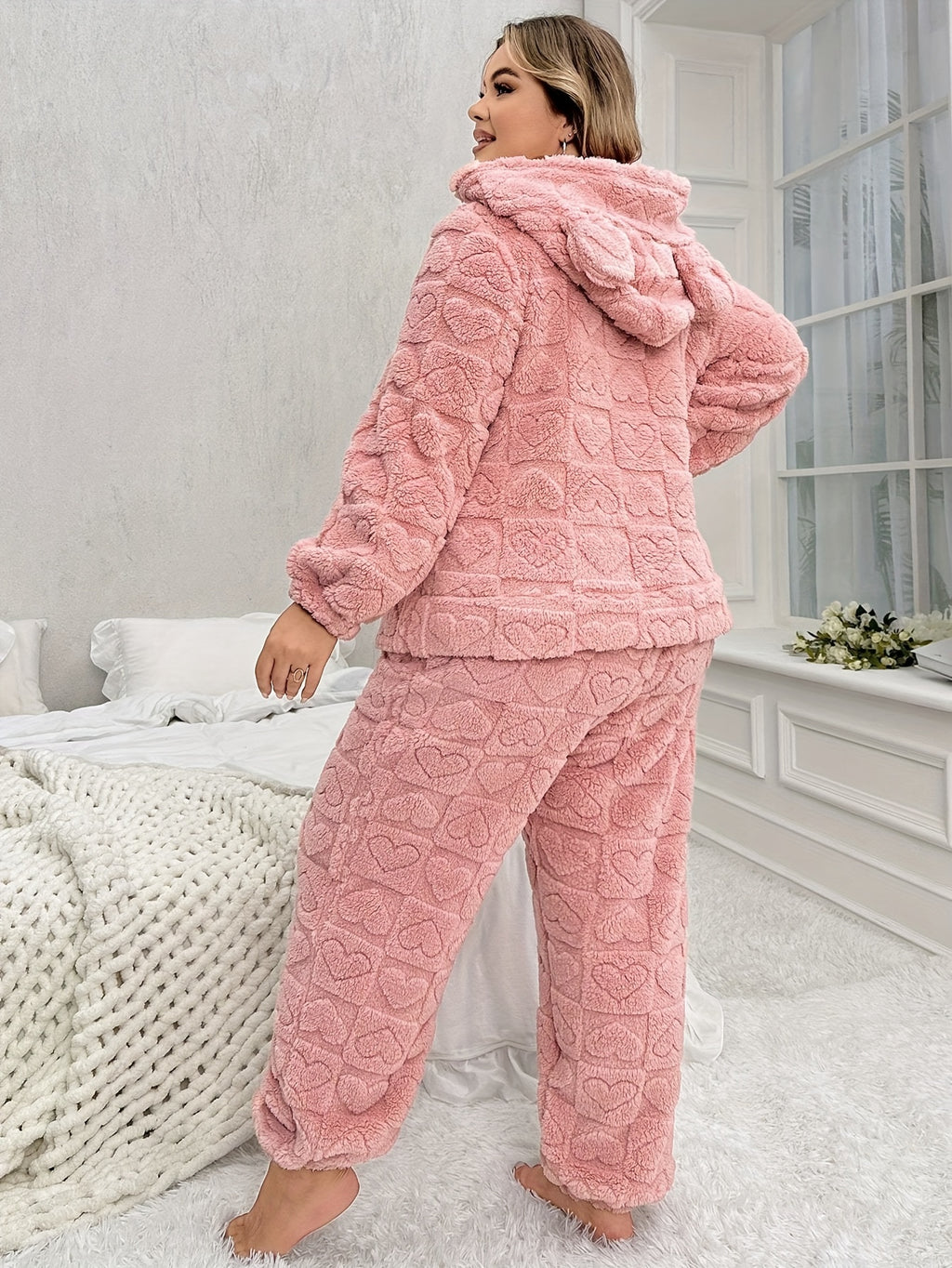 Cozy Pink Heart Plush Hooded Pajama Set with 3D Ears - Long Sleeve & Pants