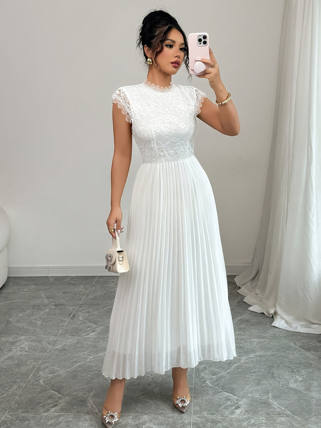 Women'S Elegant Black Floral Lace-Trimmed Pleated Maxi Dress - Sleeveless, Round Neck, High-Low Hem, Perfect for Spring/Summer, Adult, Formal Event Attire, Formal Event Dress | Sleeveless Dress | Lace Trim Detail, Lace Dress