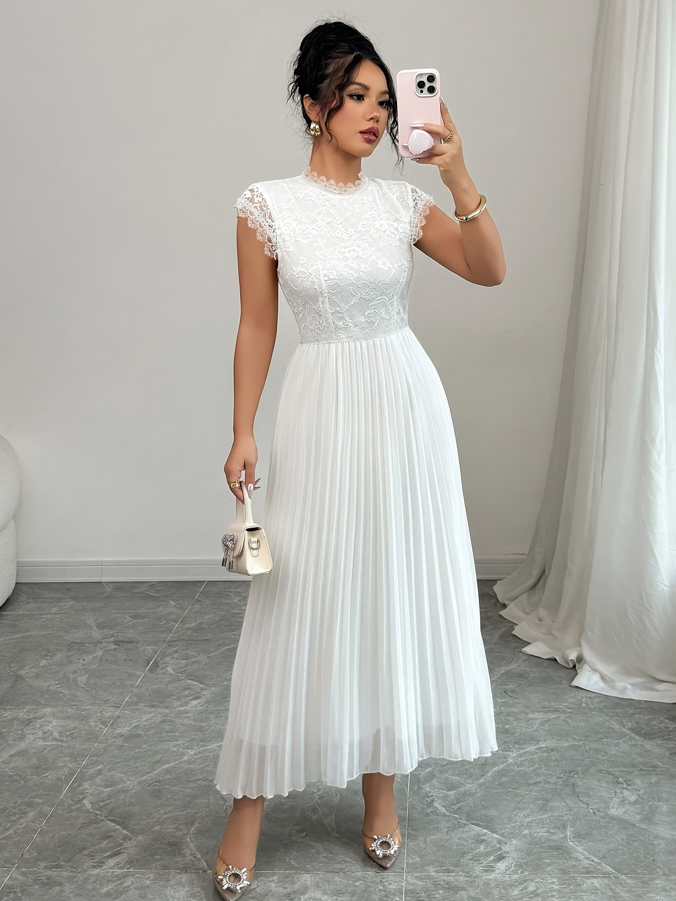 Women'S Elegant Black Floral Lace-Trimmed Pleated Maxi Dress - Sleeveless, Round Neck, High-Low Hem, Perfect for Spring/Summer, Adult, Formal Event Attire, Formal Event Dress | Sleeveless Dress | Lace Trim Detail, Lace Dress