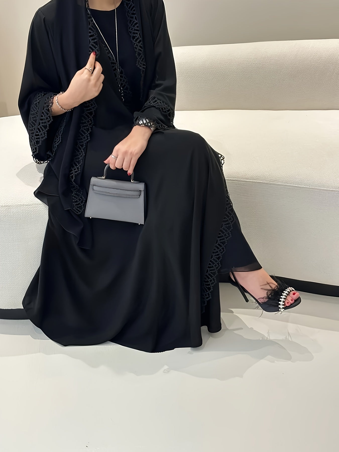 2pcs Set with Lace Trim Muslim Kaftan