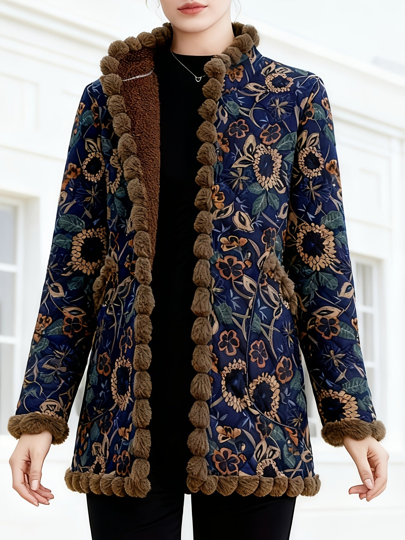 Women's Vintage Floral Print Thick Winter Coat - Elegant Brown & Blue Floral Jacket with Stand Collar