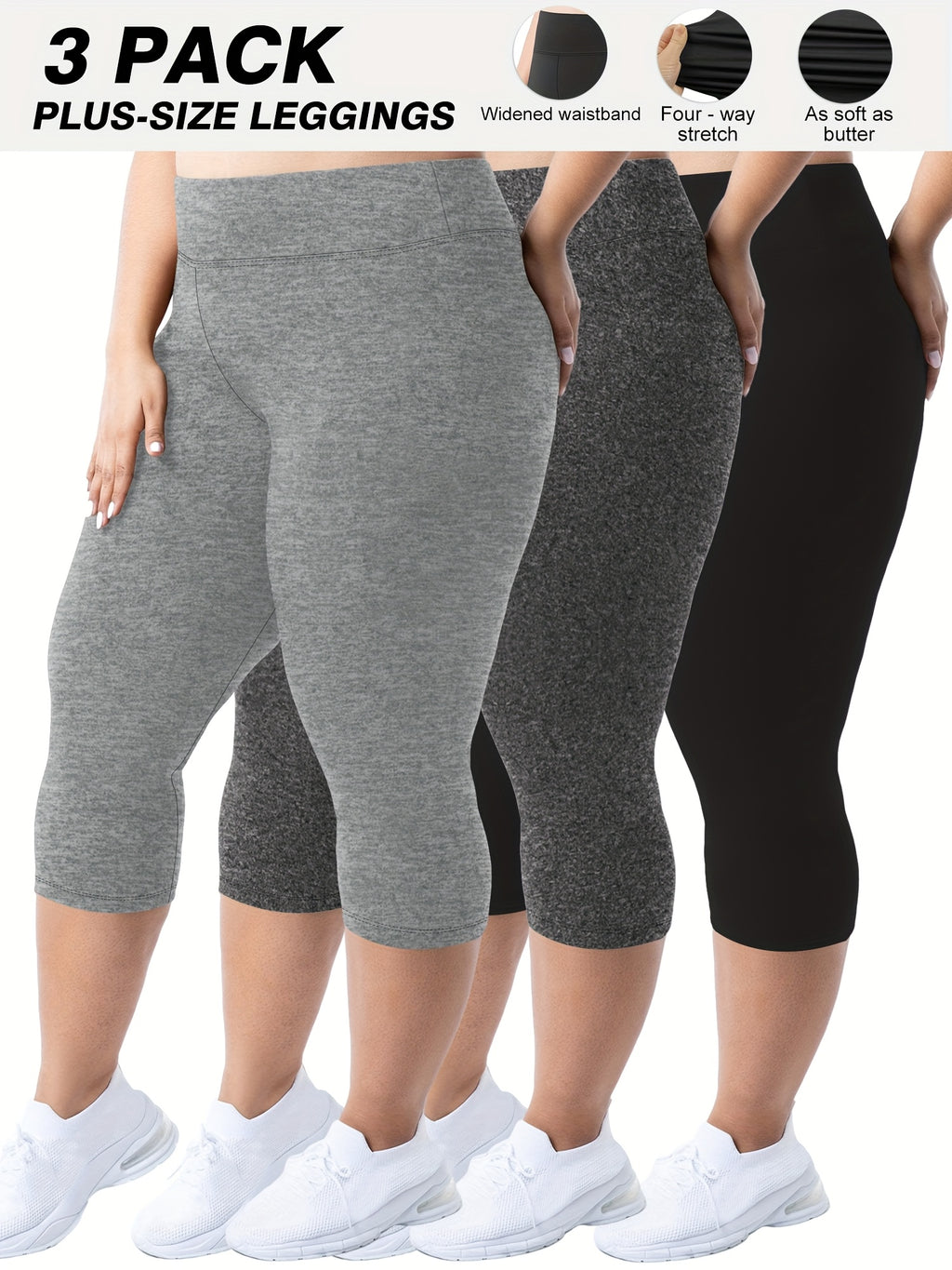 Plus Size - 3pcs High-Waist Capri Leggings for Women