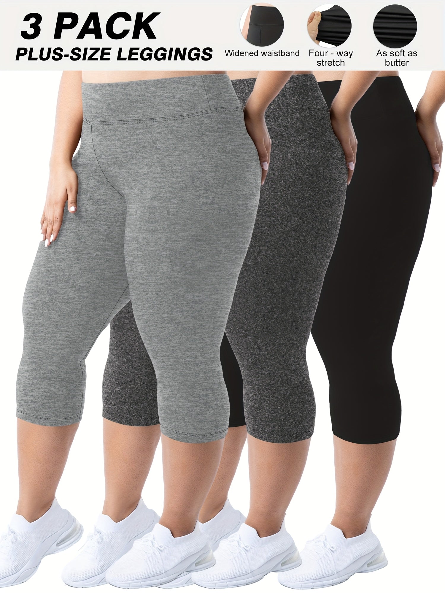Plus Size - 3pcs High-Waist Capri Leggings for Women