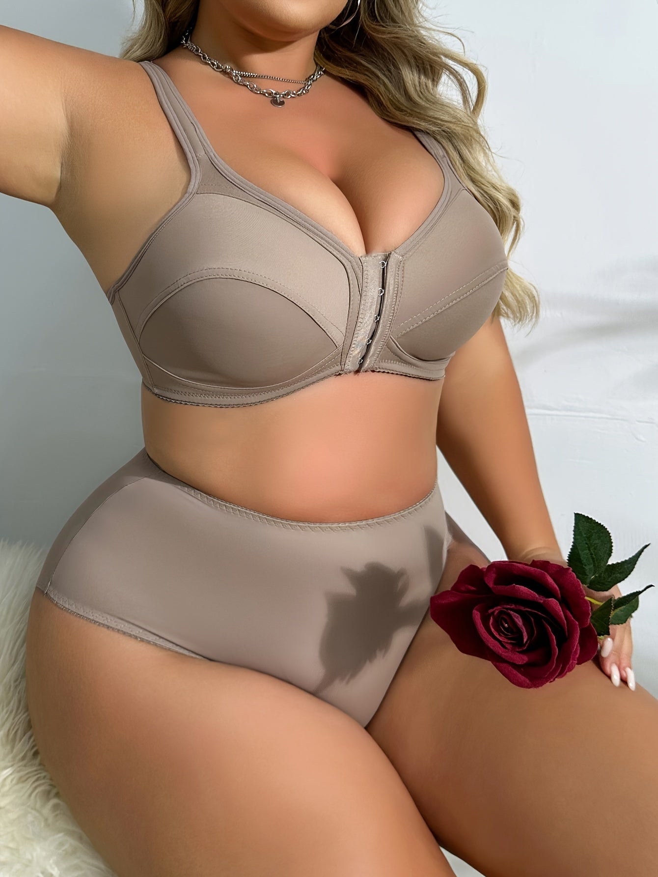 Plus Size Solid Color Non-Wired Front Opening Bra and Panty Set-2025#Set