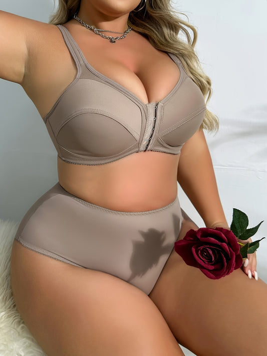 Plus Size Solid Color Non-Wired Front Opening Bra and Panty Set-2025#Set