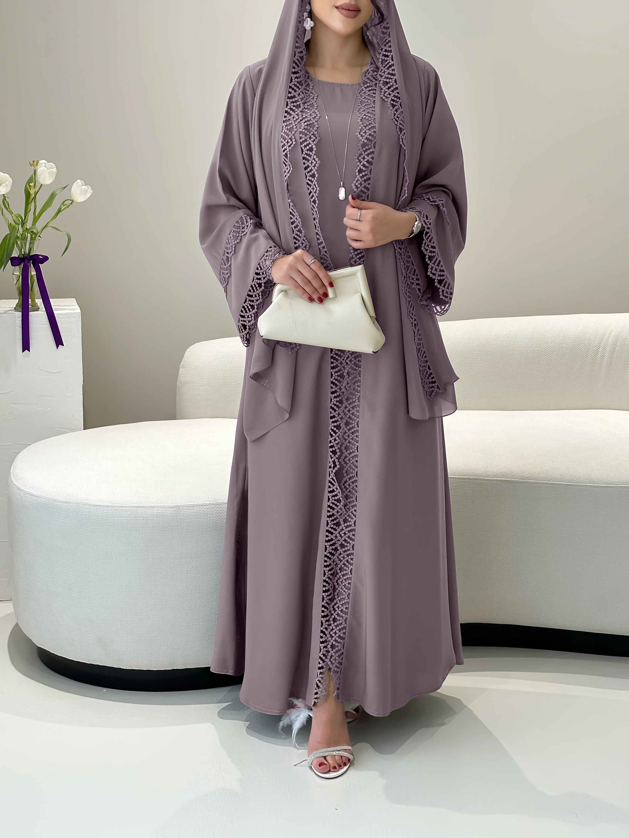 2pcs Set with Lace Trim Muslim Kaftan