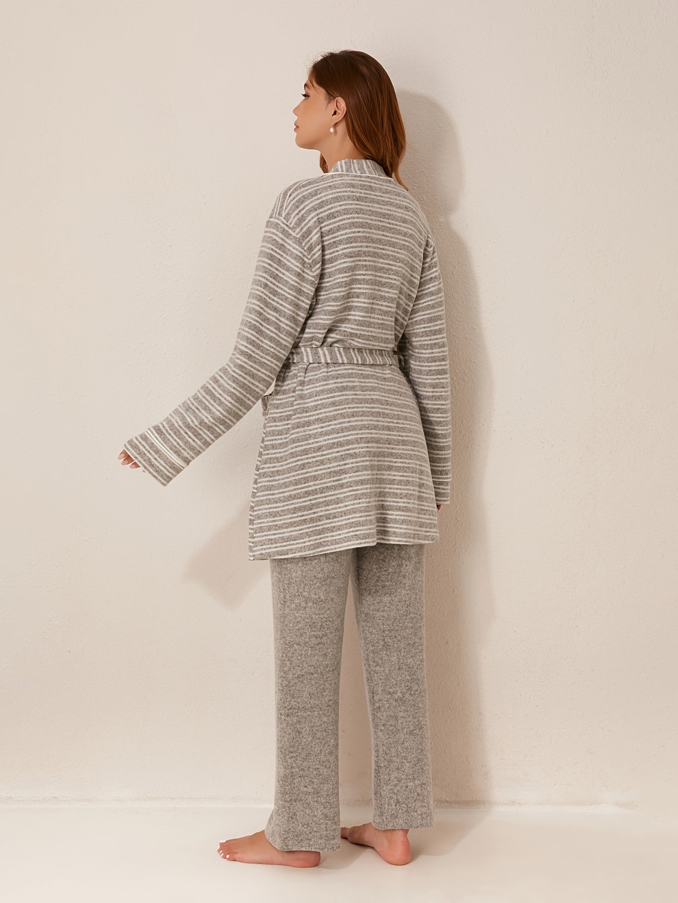 Women's 3pcs Winter Bathrobe Robe & Pants Suit Set