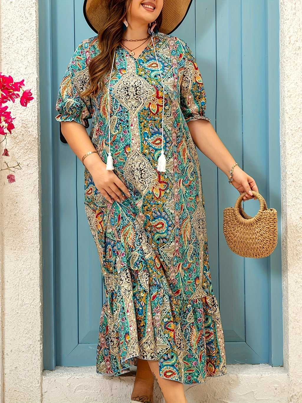 Plus Size, Full-body print dress with ruffled cuffs and hem