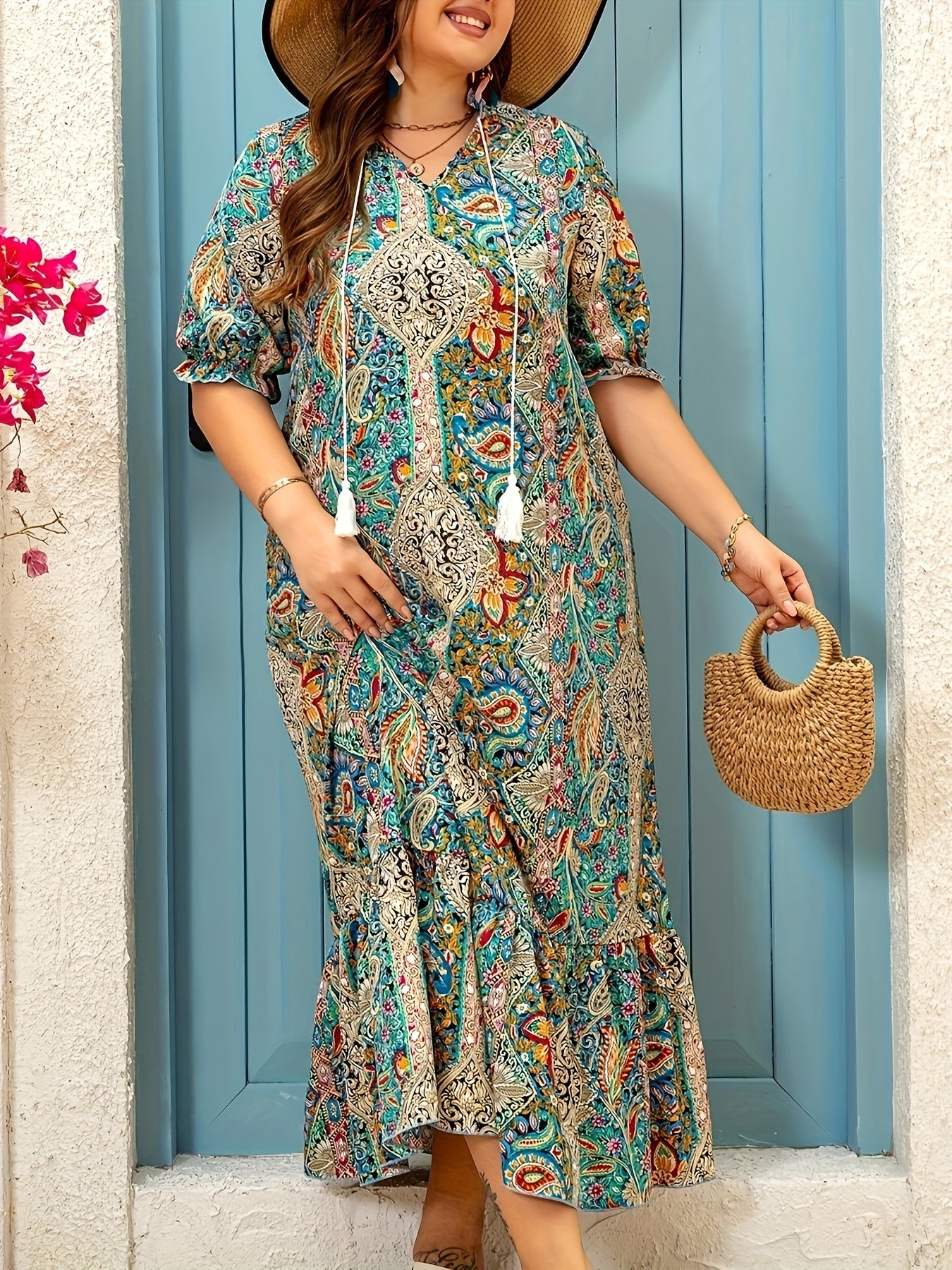 Plus Size, Full-body print dress with ruffled cuffs and hem