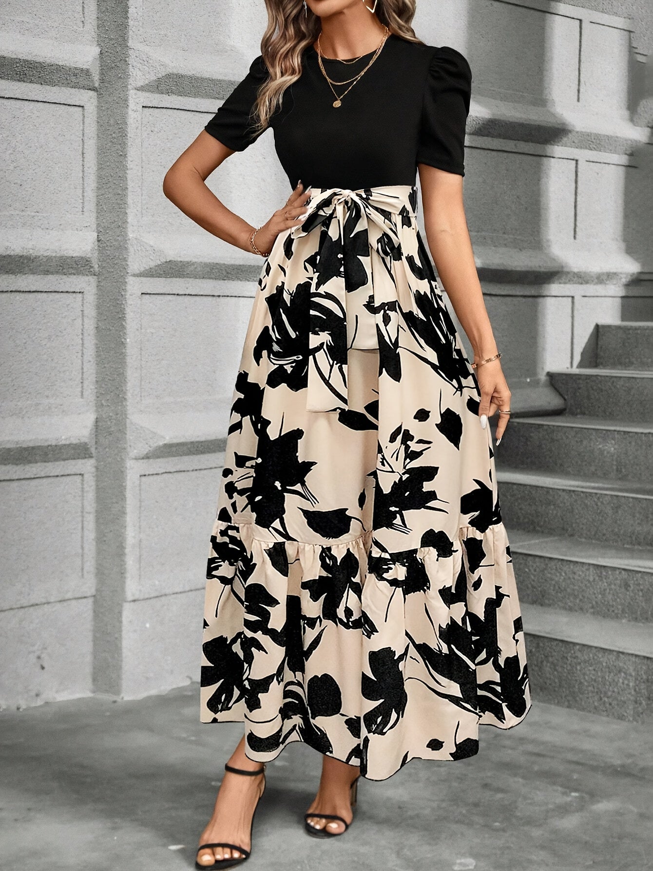 Print Midi Dress with Belt Short Sleeve