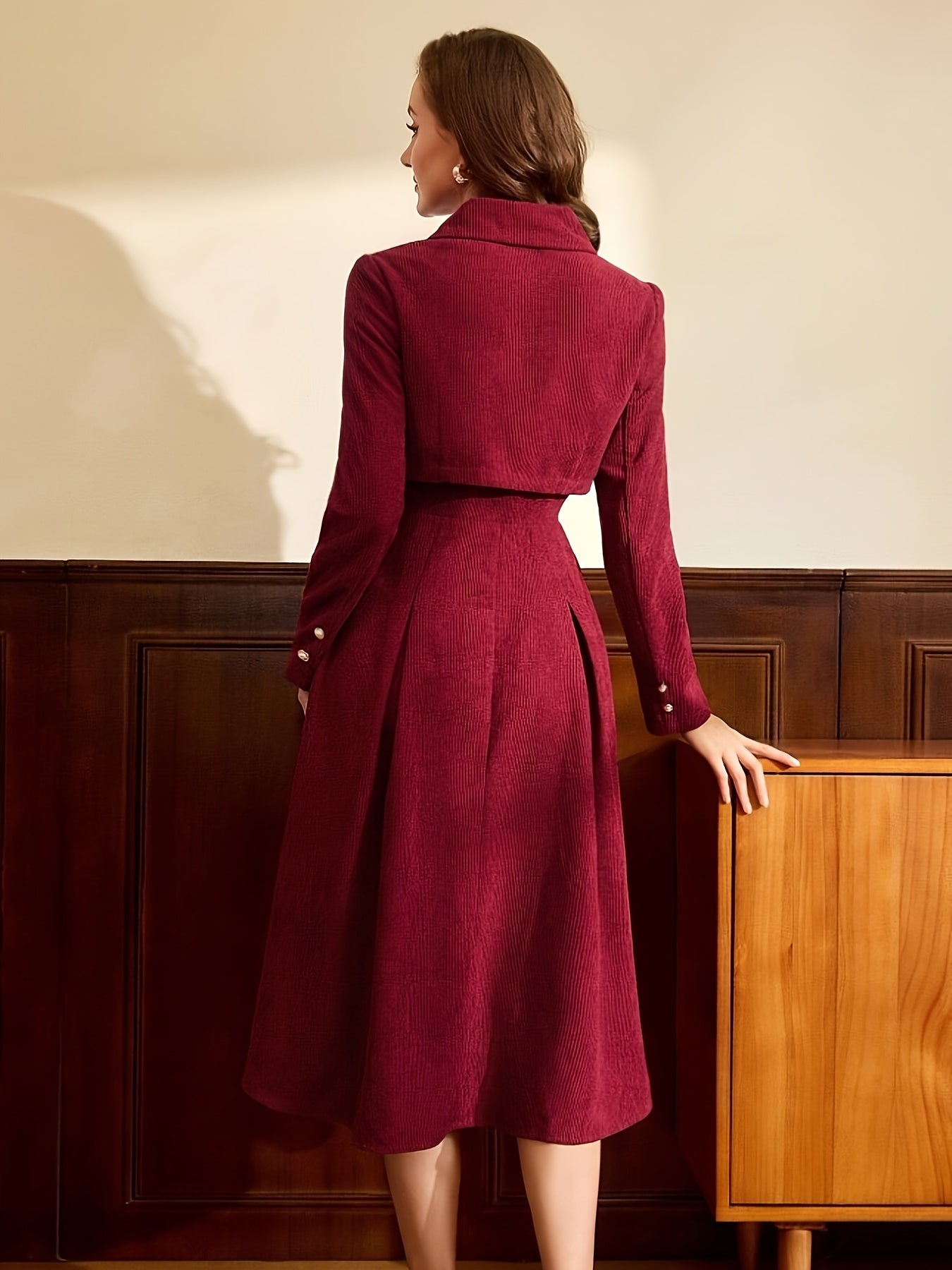 Women's Vintage Elegant Two-Piece Corduroy Collared Christmas New Year Party