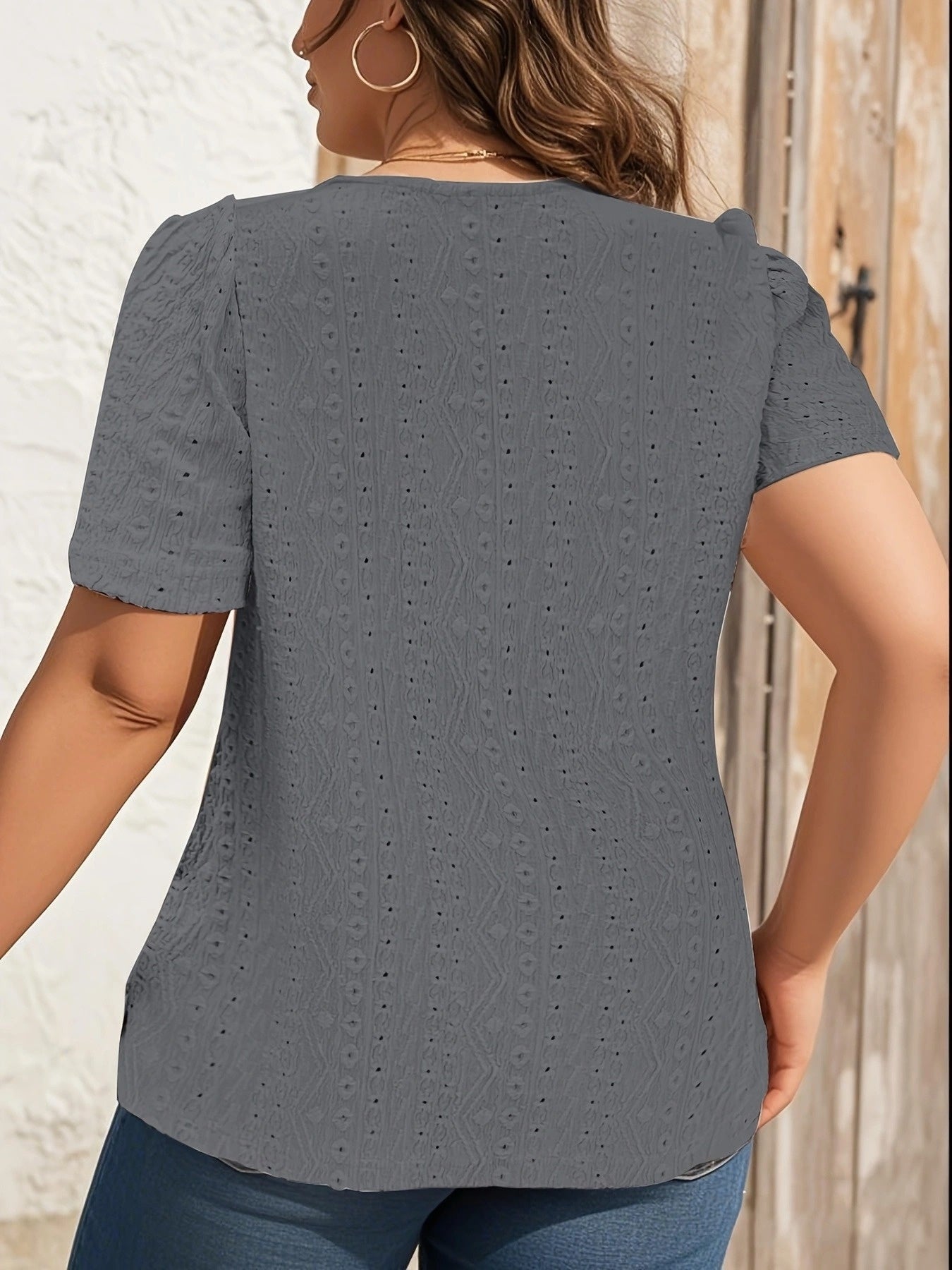 French-Inspired Floral Embroidery Lace Trim Short Sleeve Blouse