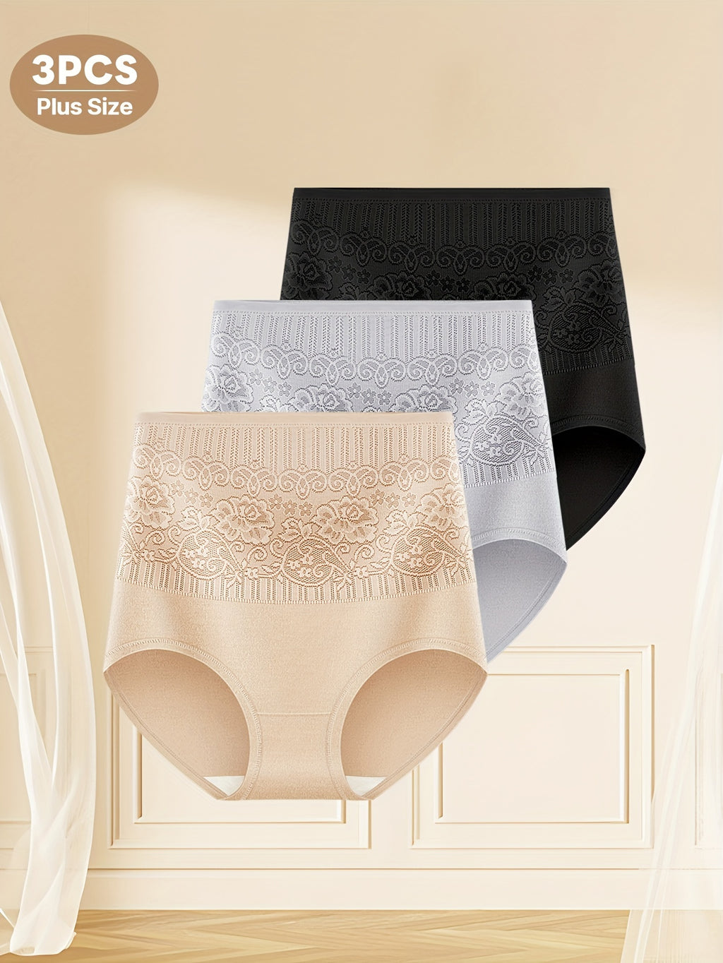 3-Pack Women's Plus Size High-Waisted Panties with Floral Patchwork