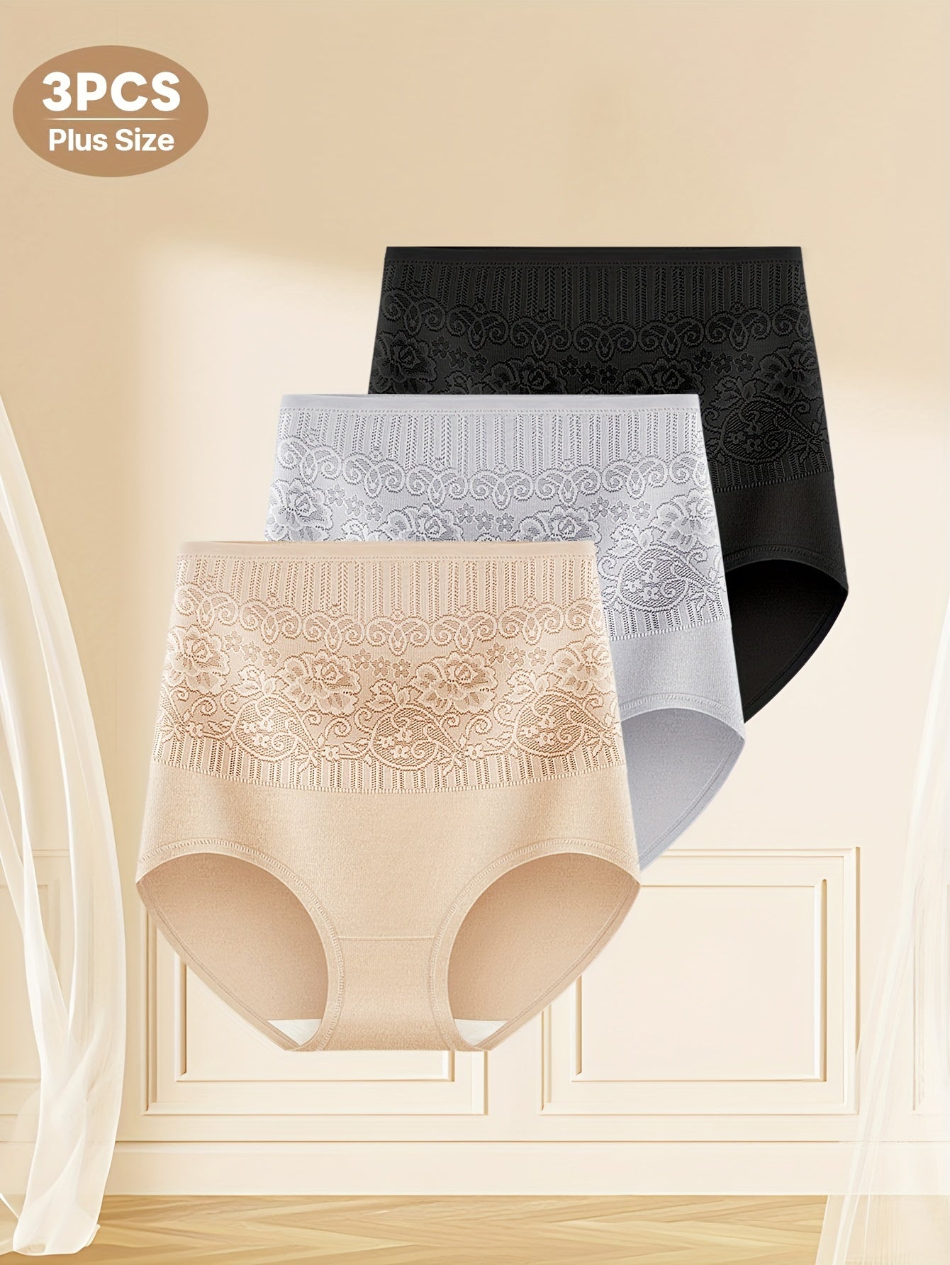 3-Pack Women's Plus Size High-Waisted Panties with Floral Patchwork